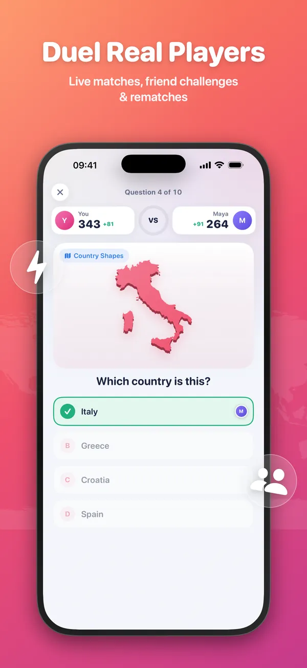 Country Shapes modunda gerçek bir oyuncuya karşı düello