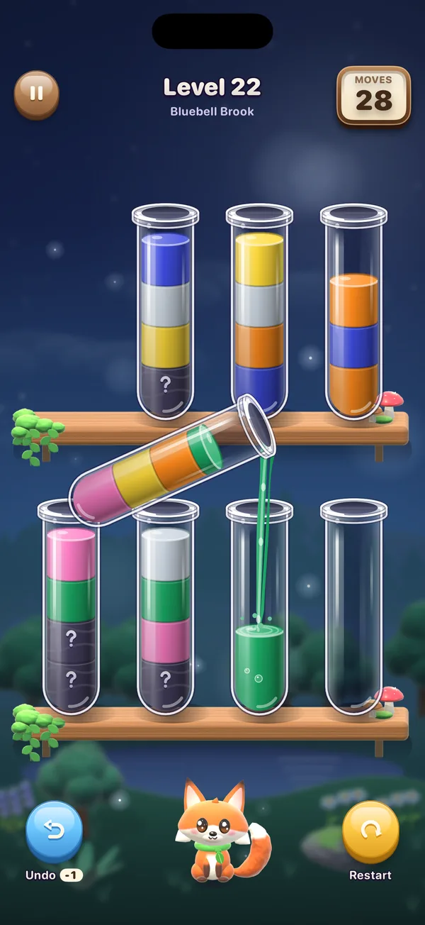 A colorful potion-sorting board with glowing flasks