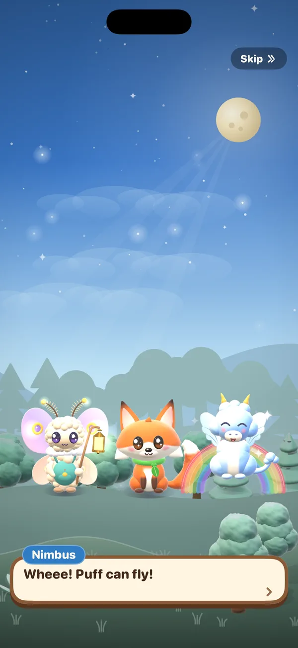Story scene: freeing Pip the fox from a Hush crystal