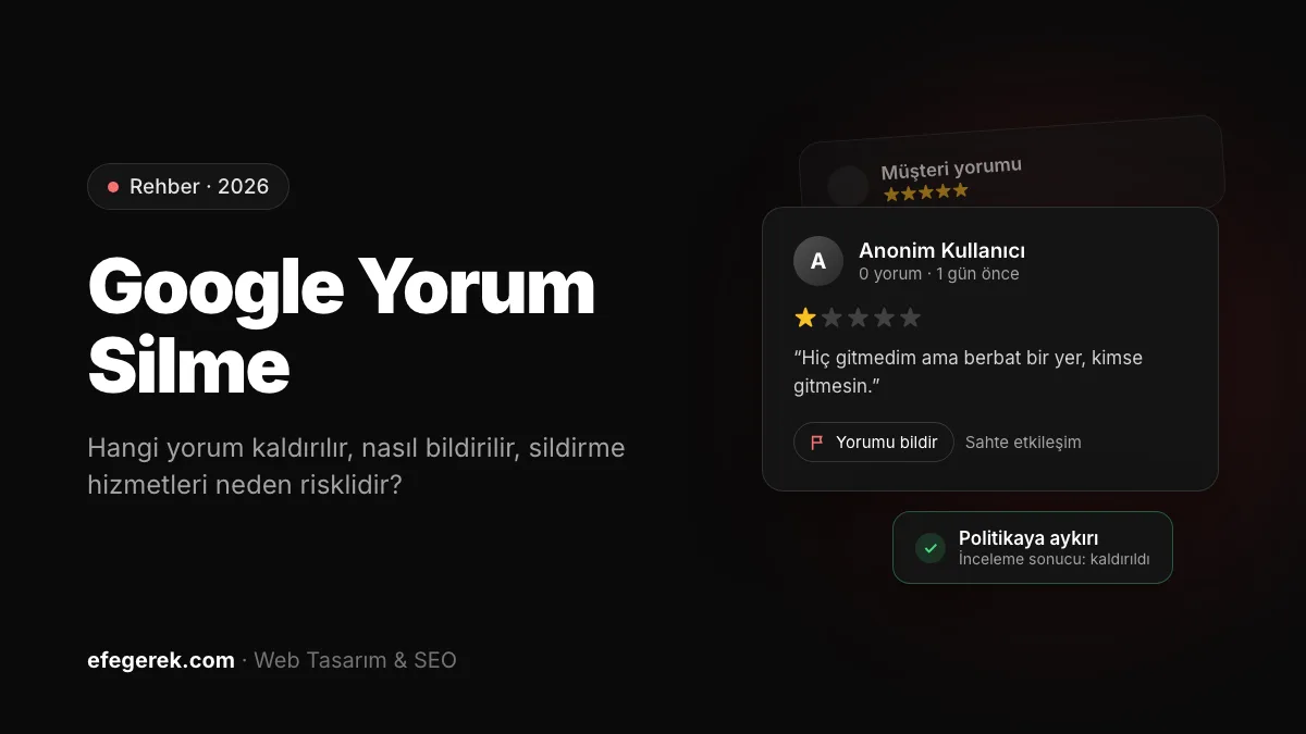 Google yorum silme rehberi: bildirilen bir yorum kartı ve politikaya aykırı bulunarak kaldırıldığını gösteren durum etiketi
