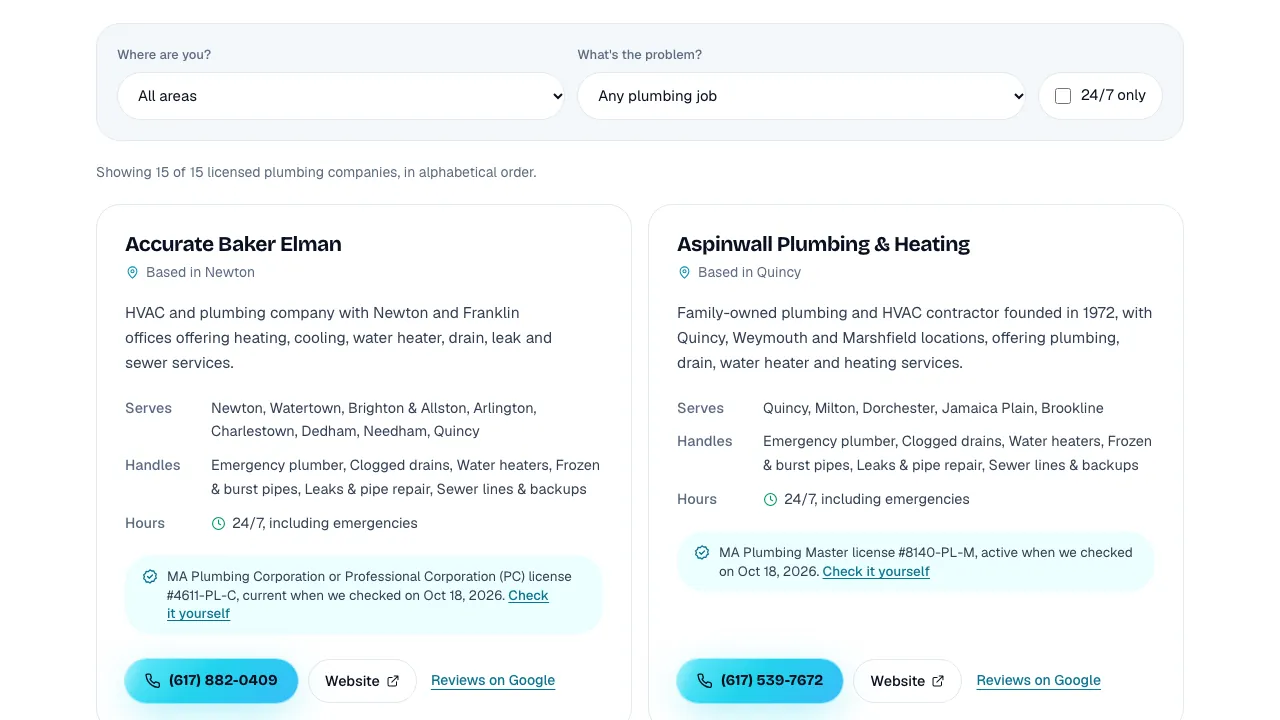 Two listings on Plumbers in Boston, each with the towns served, jobs handled, hours, the Massachusetts license number with the date it was checked, and a call button