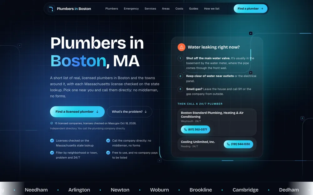 Plumbers in Boston directory homepage with a water-leak emergency panel